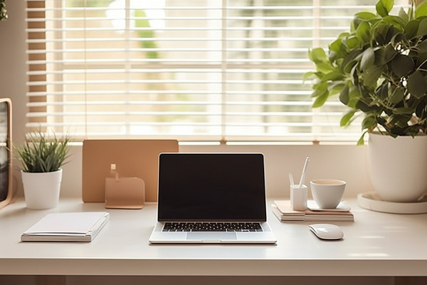Bright desk with a laptop, plant, and notebook arranged neatly